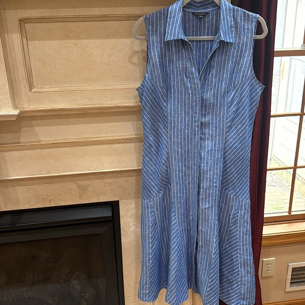 BROOKS BROTHERS blue sleeveless collared striped linen dress sz 12